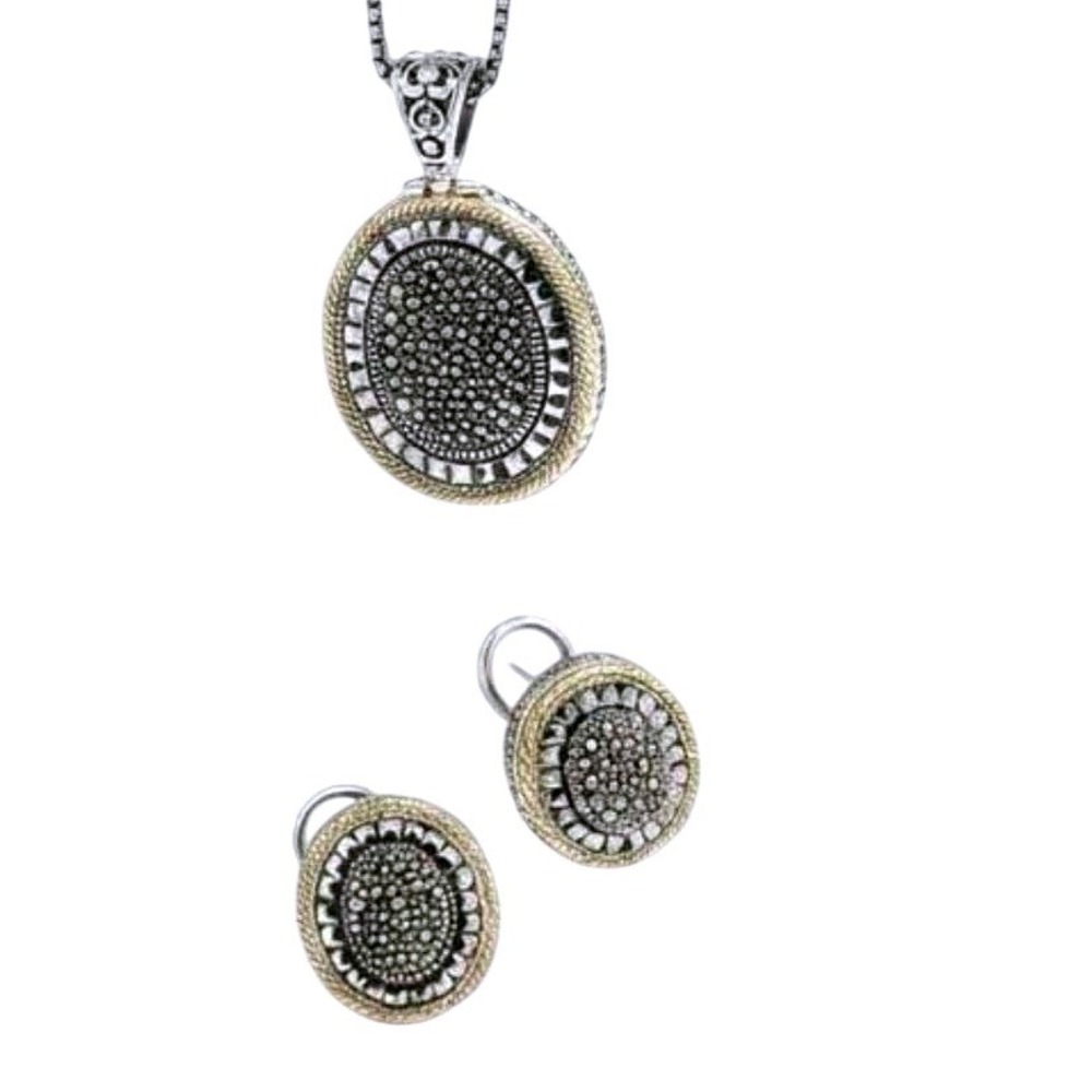 Marc Thailand Two Tone Silver Gold Oval Pendant‎ Necklace and Clip On Earrings